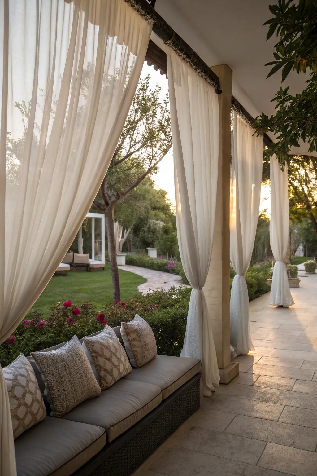 Outdoor curtains provide flexible and soft yard boundaries.