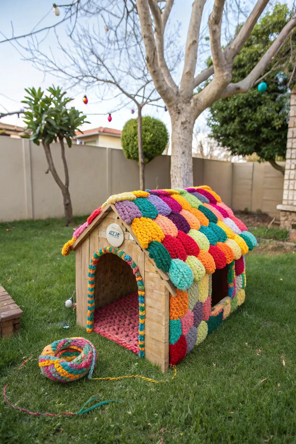 A yarn-decorated pet house offers coziness and style.