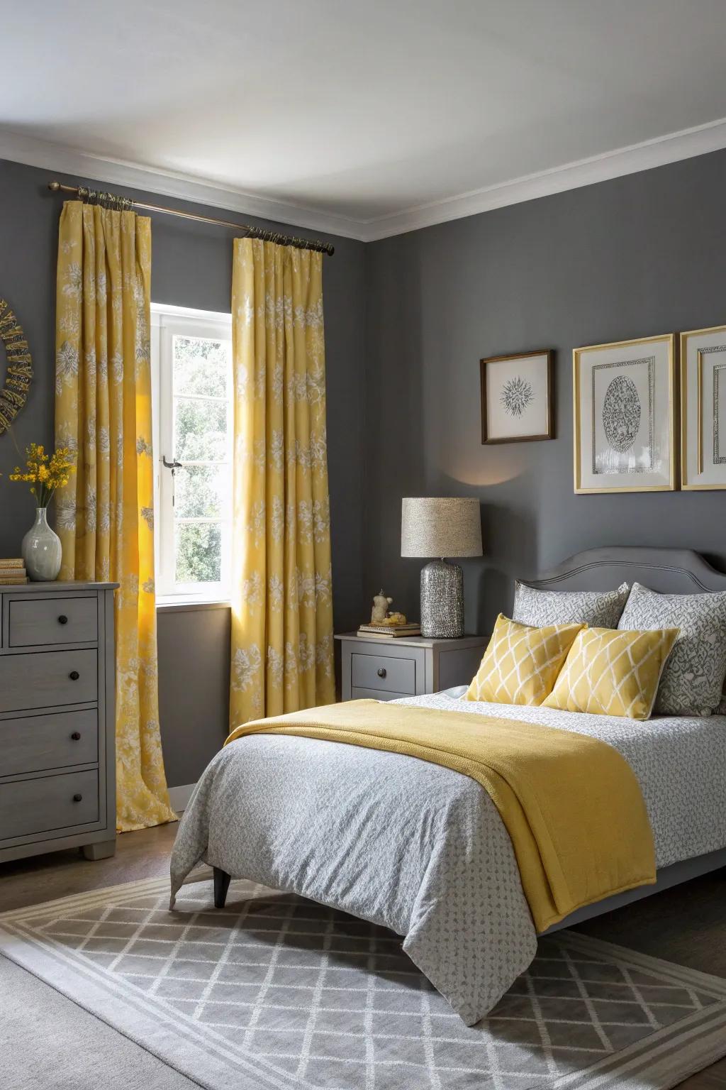 A monochromatic grey palette with yellow highlights creates a refined space.