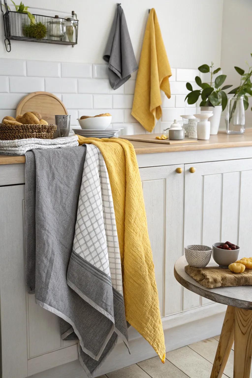 Grey and yellow textiles easily refresh and personalize the kitchen space.