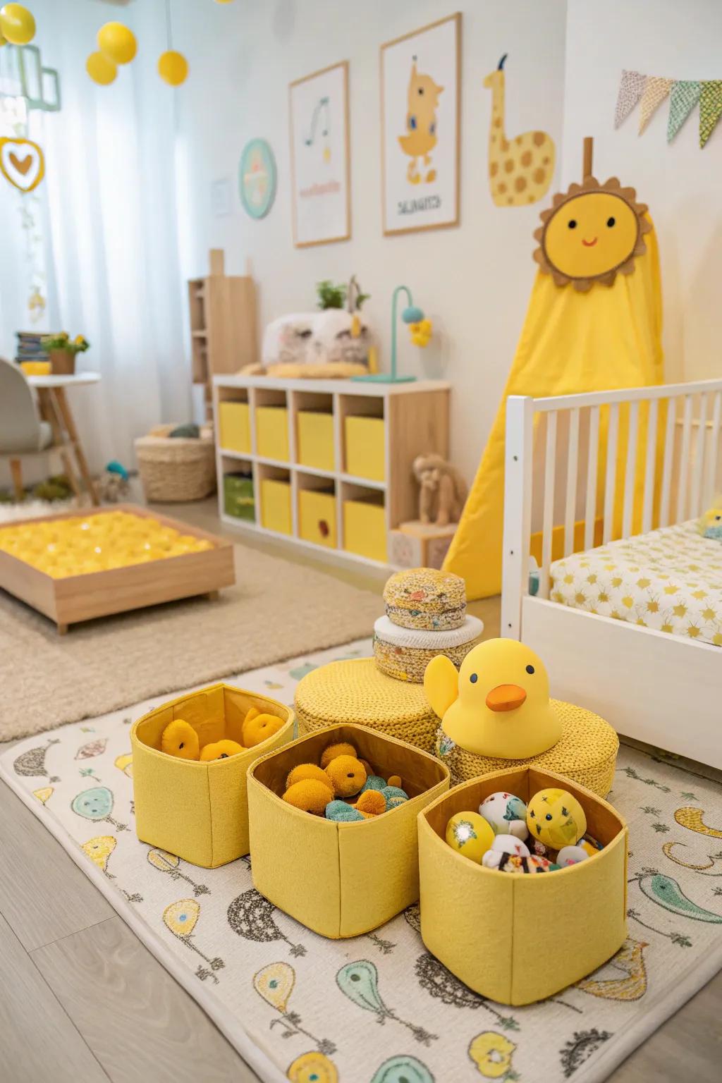 Yellow themed toys bring fun and cohesion to this nursery's decor.