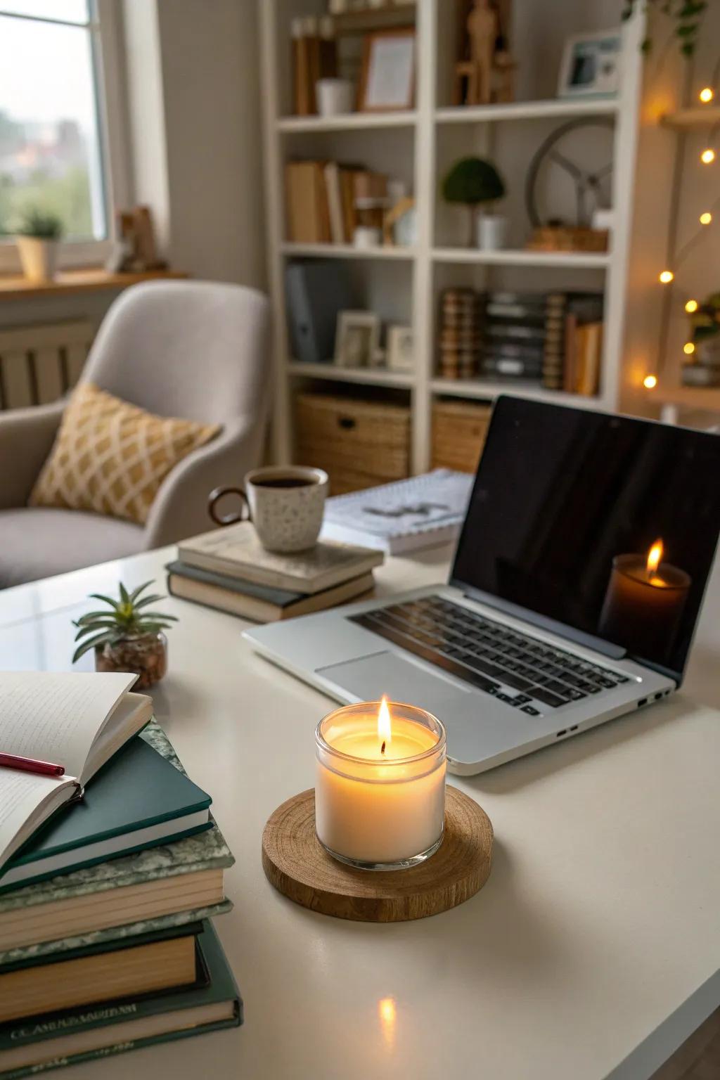 Subtle scents from a soy candle enhance the office ambiance.