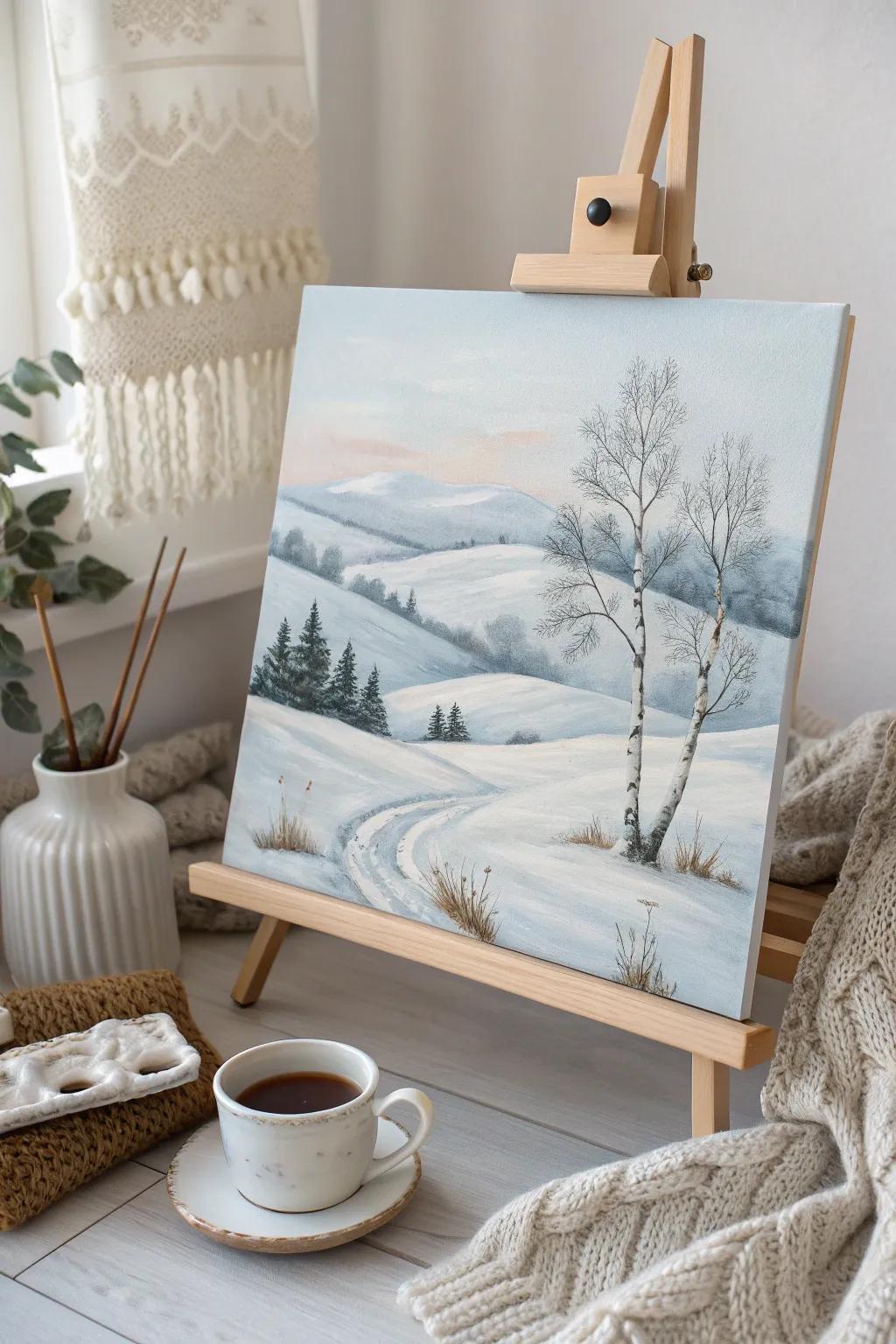 Transform your space with the tranquil beauty of a snowy landscape painting. #WinterMagic #ScandinavianCharm