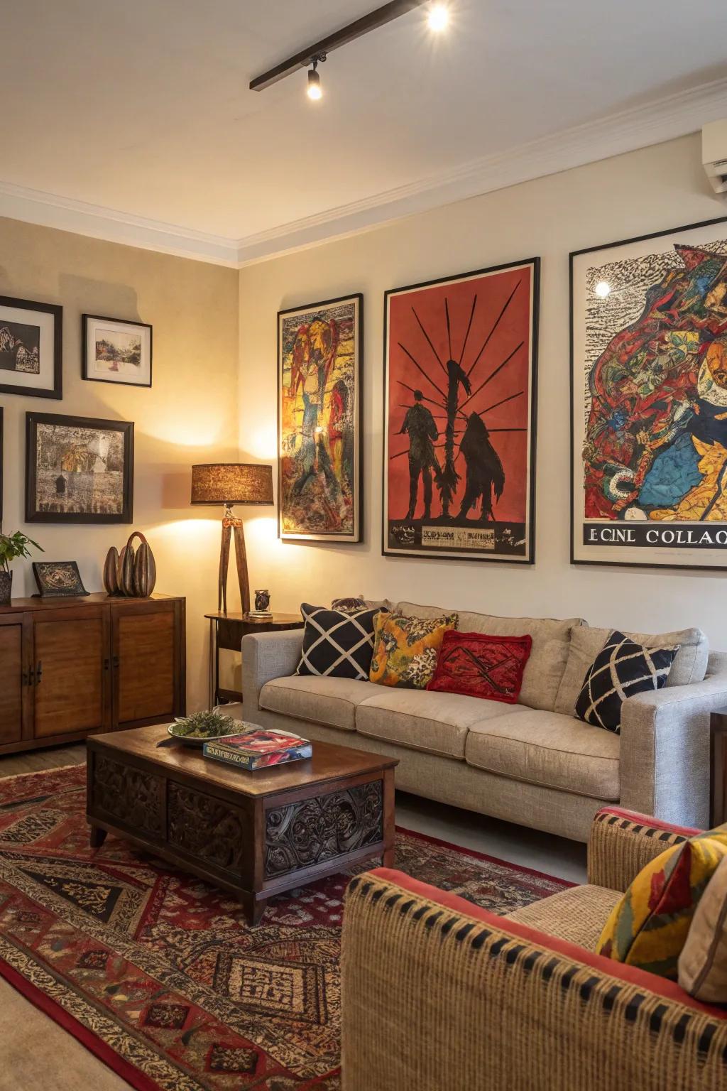 Bold artwork adds color and personality to a 1930s-inspired living room.