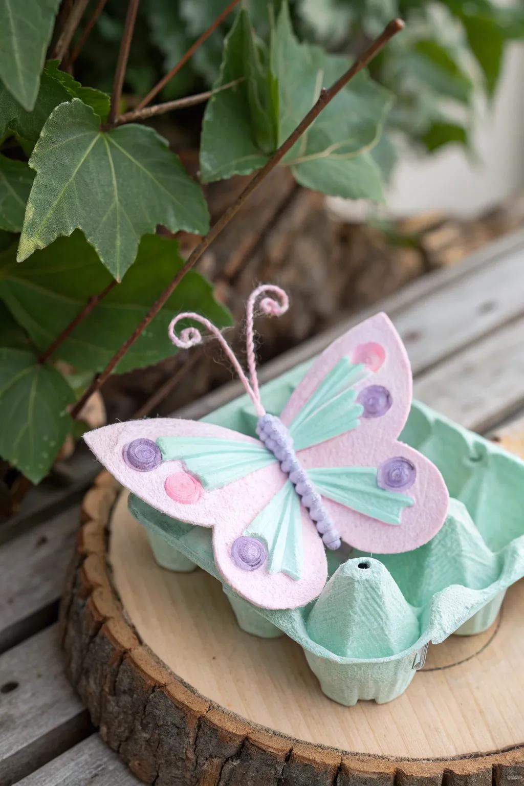 Transforming simple materials into whimsical wonders: Create your own egg carton butterfly garden.