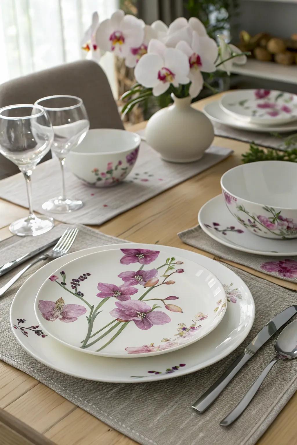 Dine in style with orchid-themed tableware.