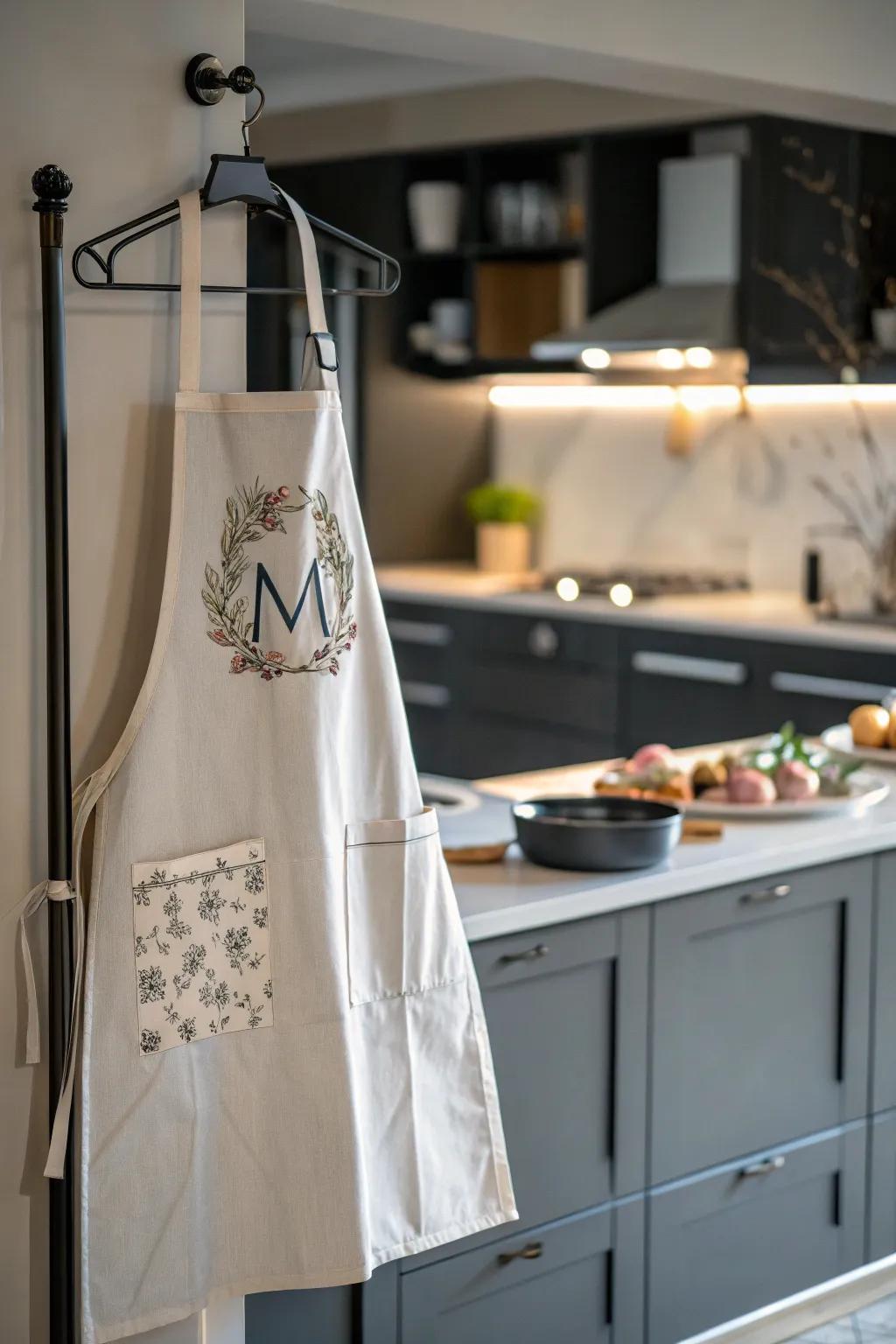 A tailored cooking apron combines functionality with personal style.