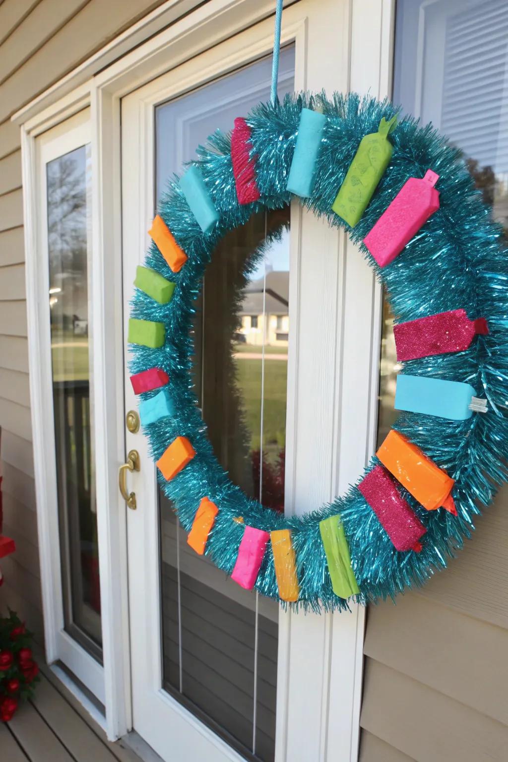 A fun and festive pool noodle and tinsel wreath that’s perfect for parties.