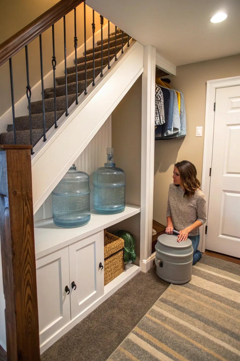 Under-stairs storage makes excellent use of unused space.