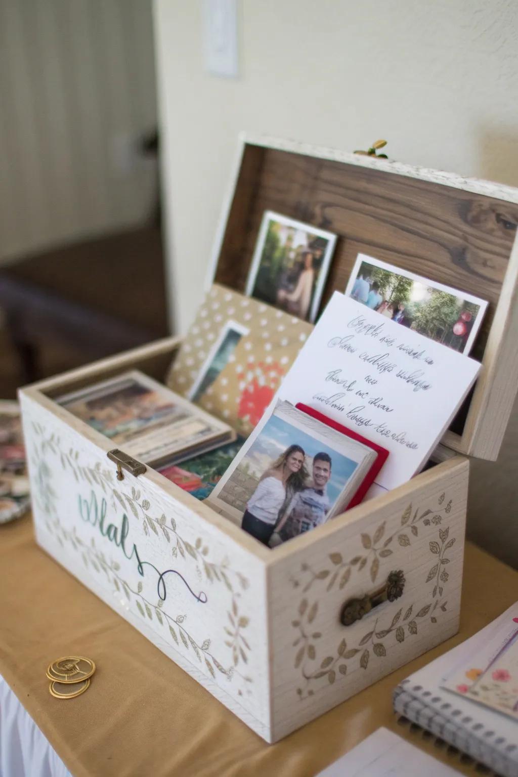 A keepsake box holds treasured memories from the anniversary celebration.