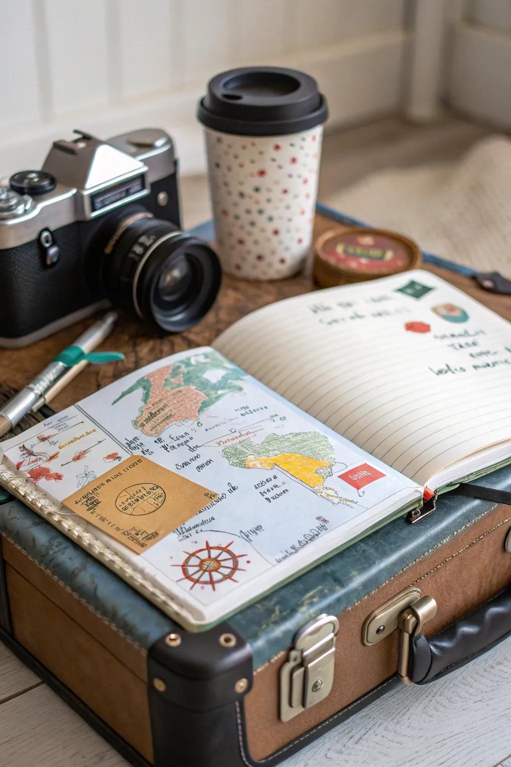 A personalized travel journal inspires and records her adventures.