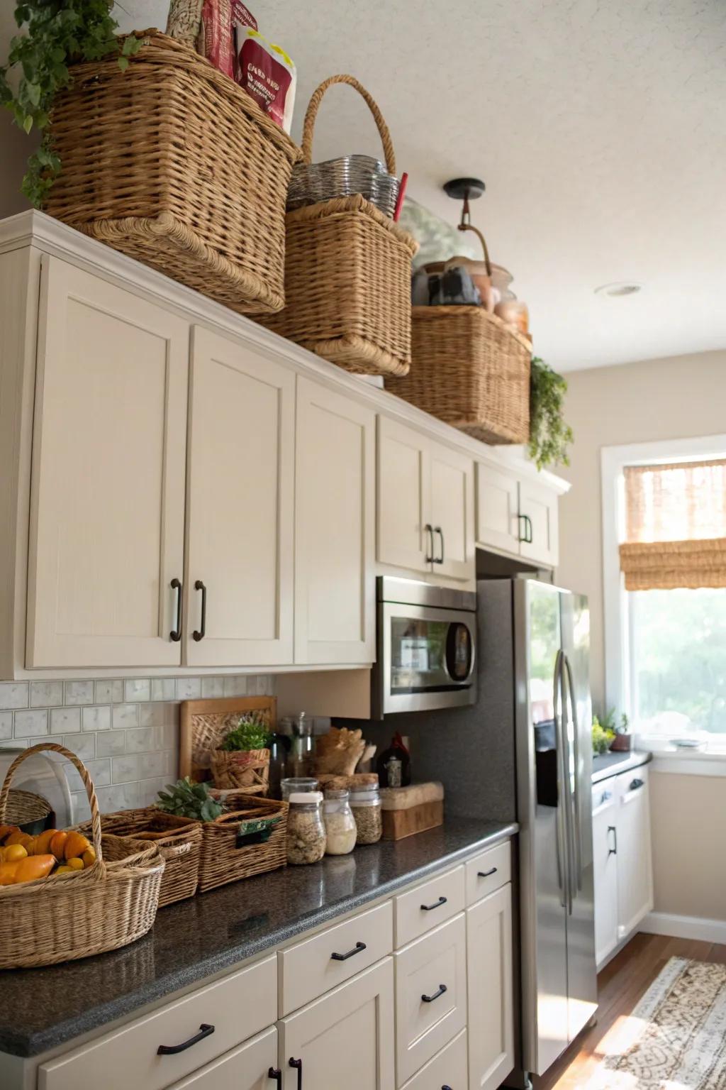 Woven baskets above cabinets offer style and storage.