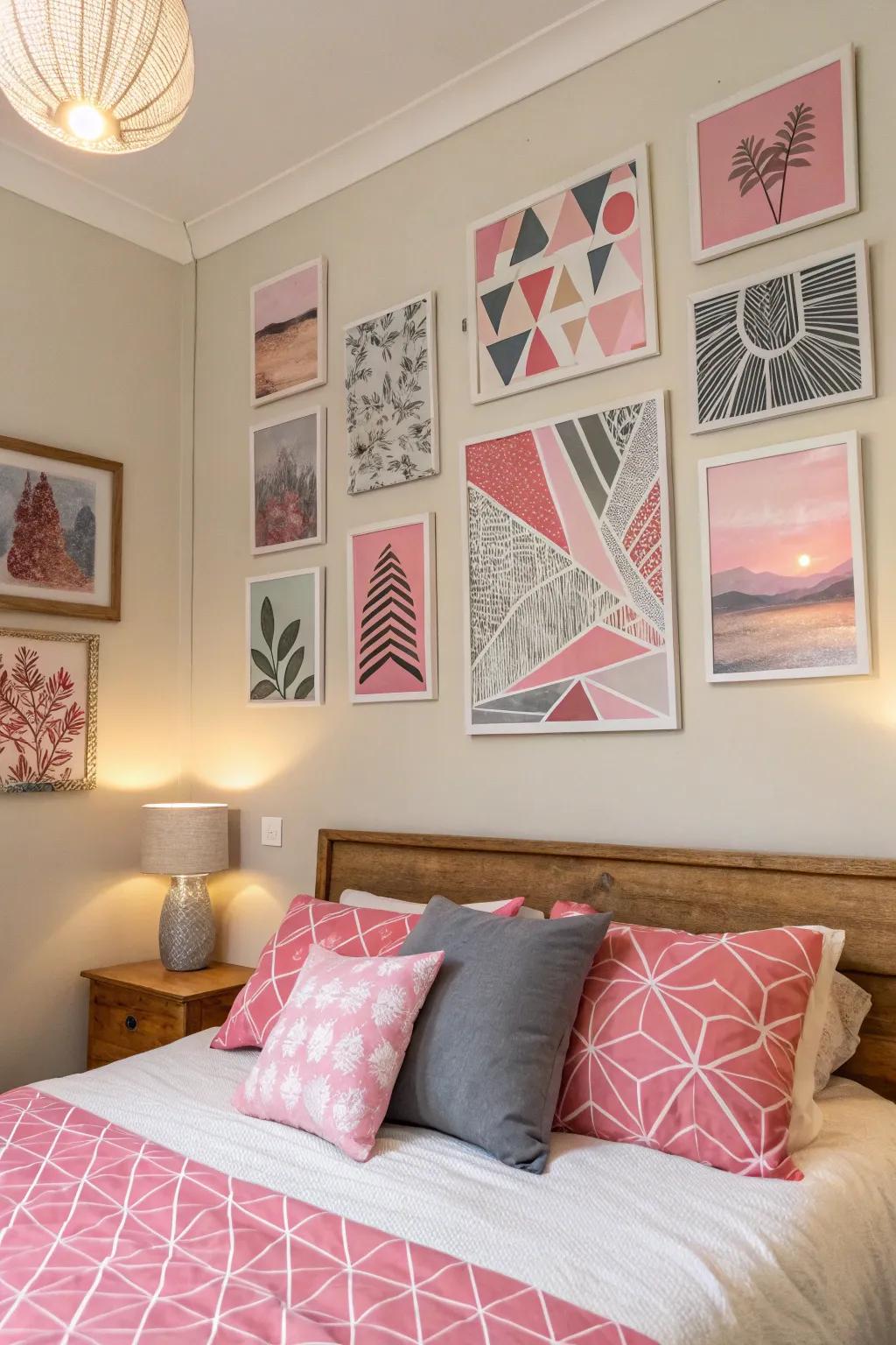 Pink wall art adds a modern and artistic flair to the bedroom.