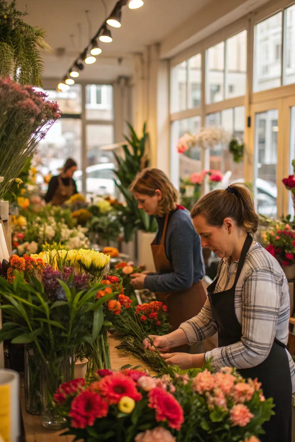 Interactive bouquet-making experience in a flower shop