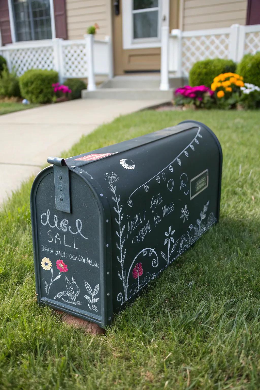 A creative mailbox with chalkboard paint for changing designs.