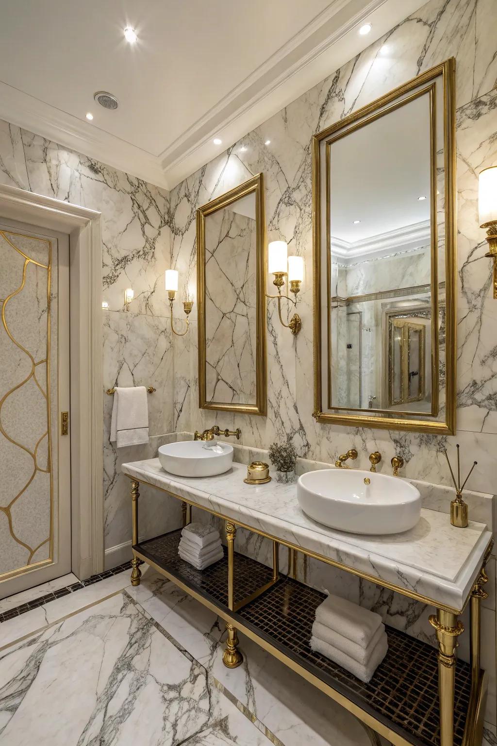 A bathroom with marble-effect wallpaper offering luxury and sophistication.