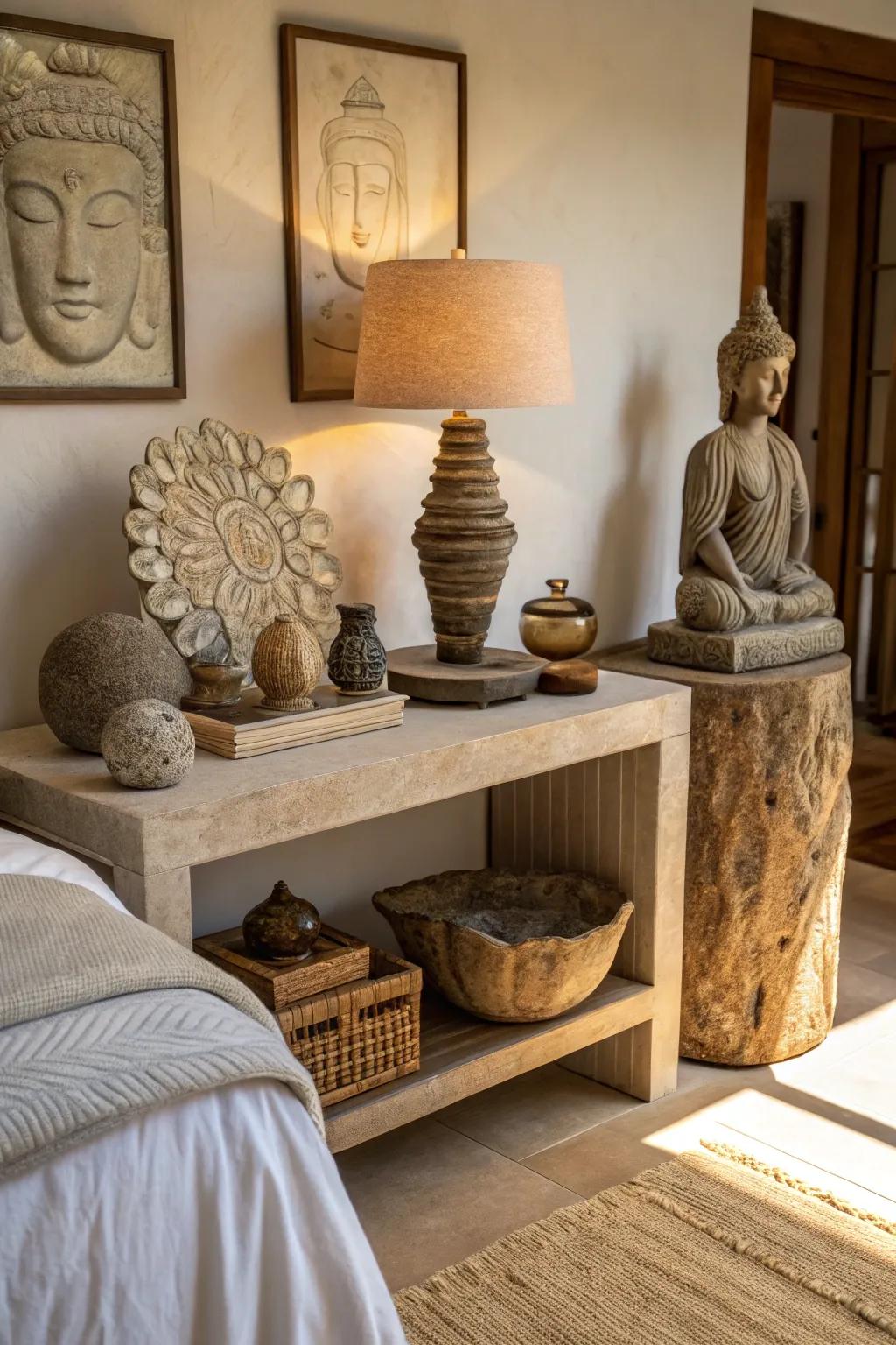 Natural stone elements adding an earthy quality to a bedroom.