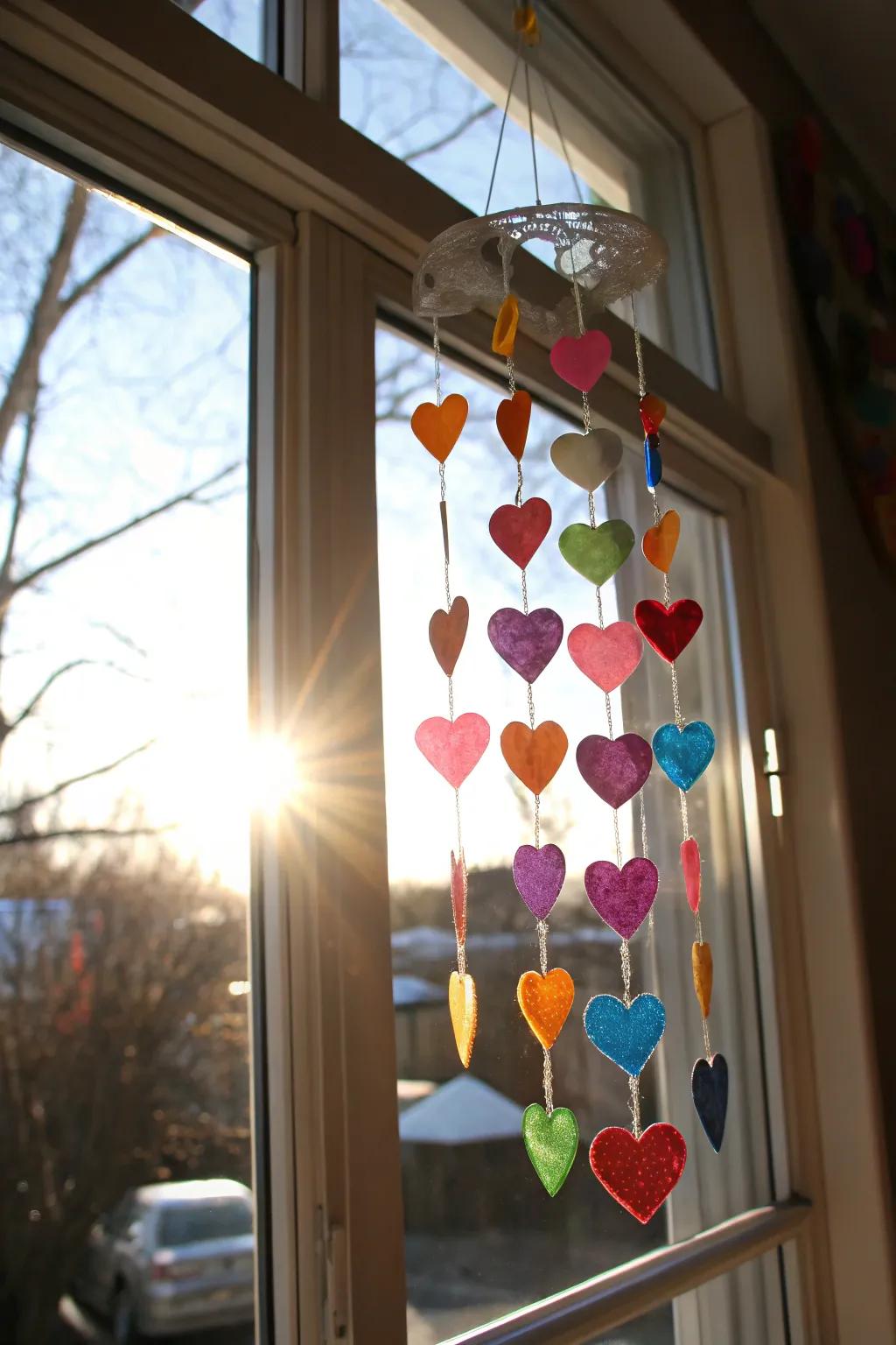 A whimsical Shrinky Dink heart mobile, catching the sunlight beautifully.