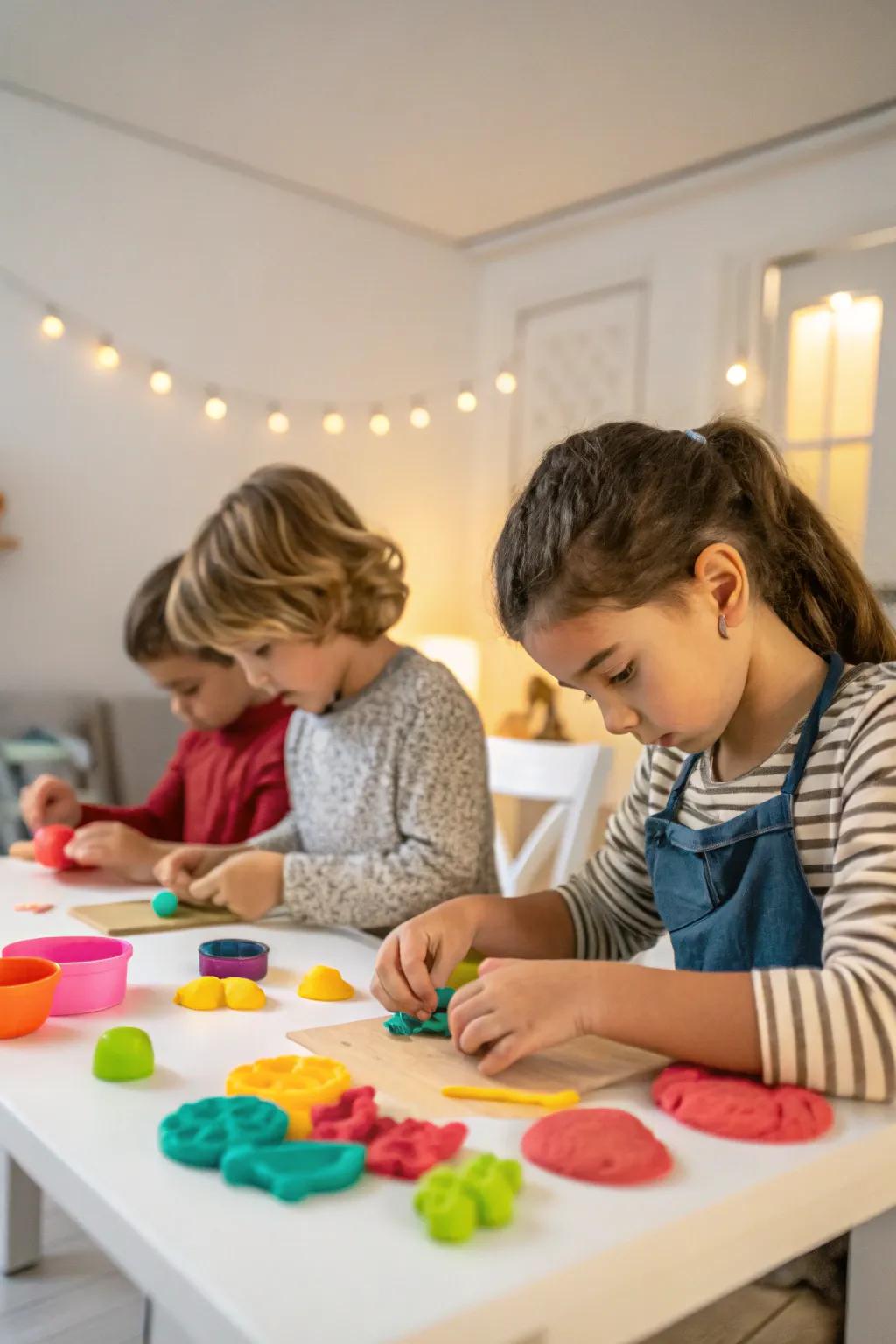 Kids fully engrossed in creating imaginative sculptures with vibrant playdough.