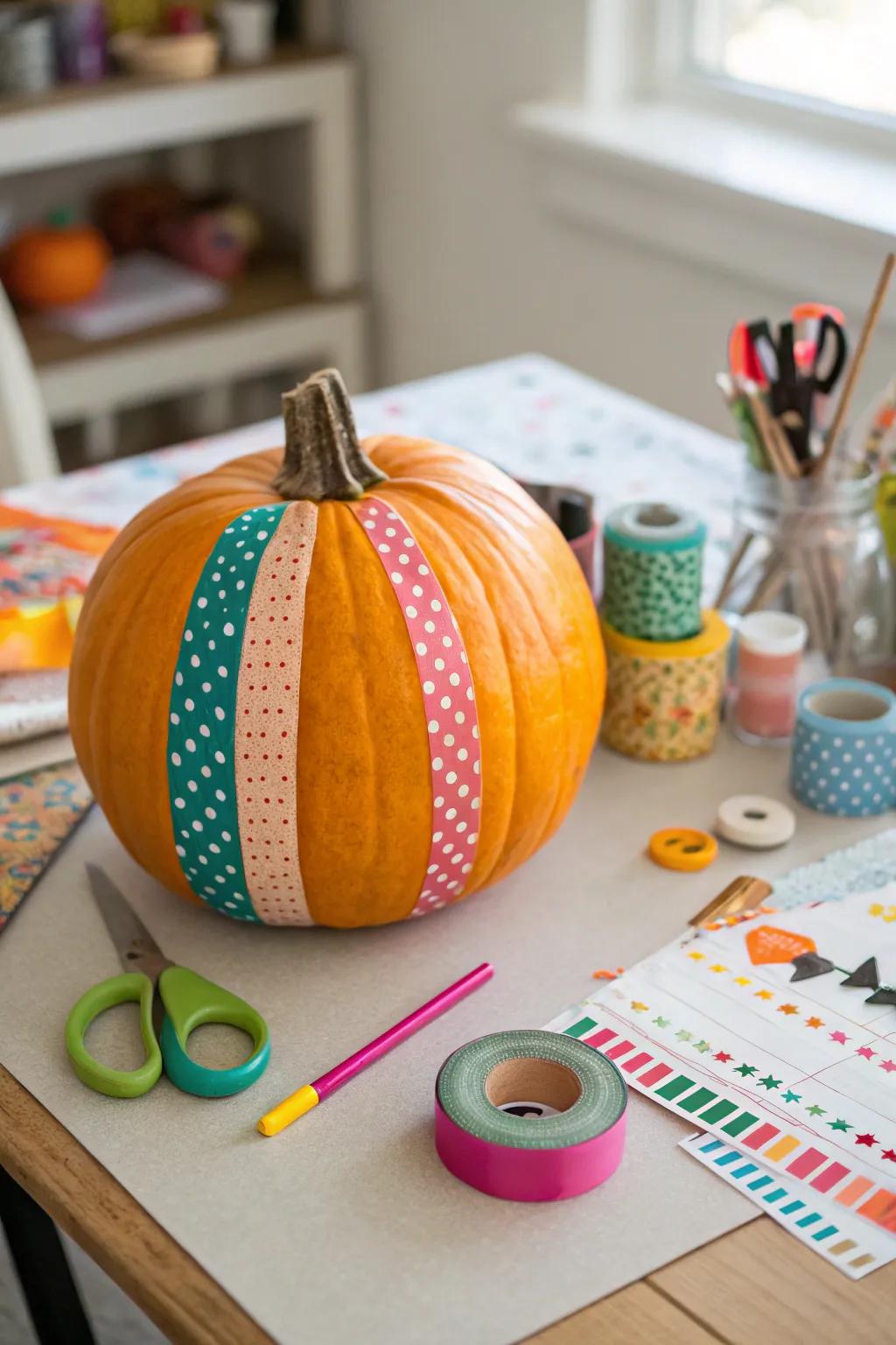 A washi-tape-decorated pumpkin, showcasing vibrant patterns and colors.