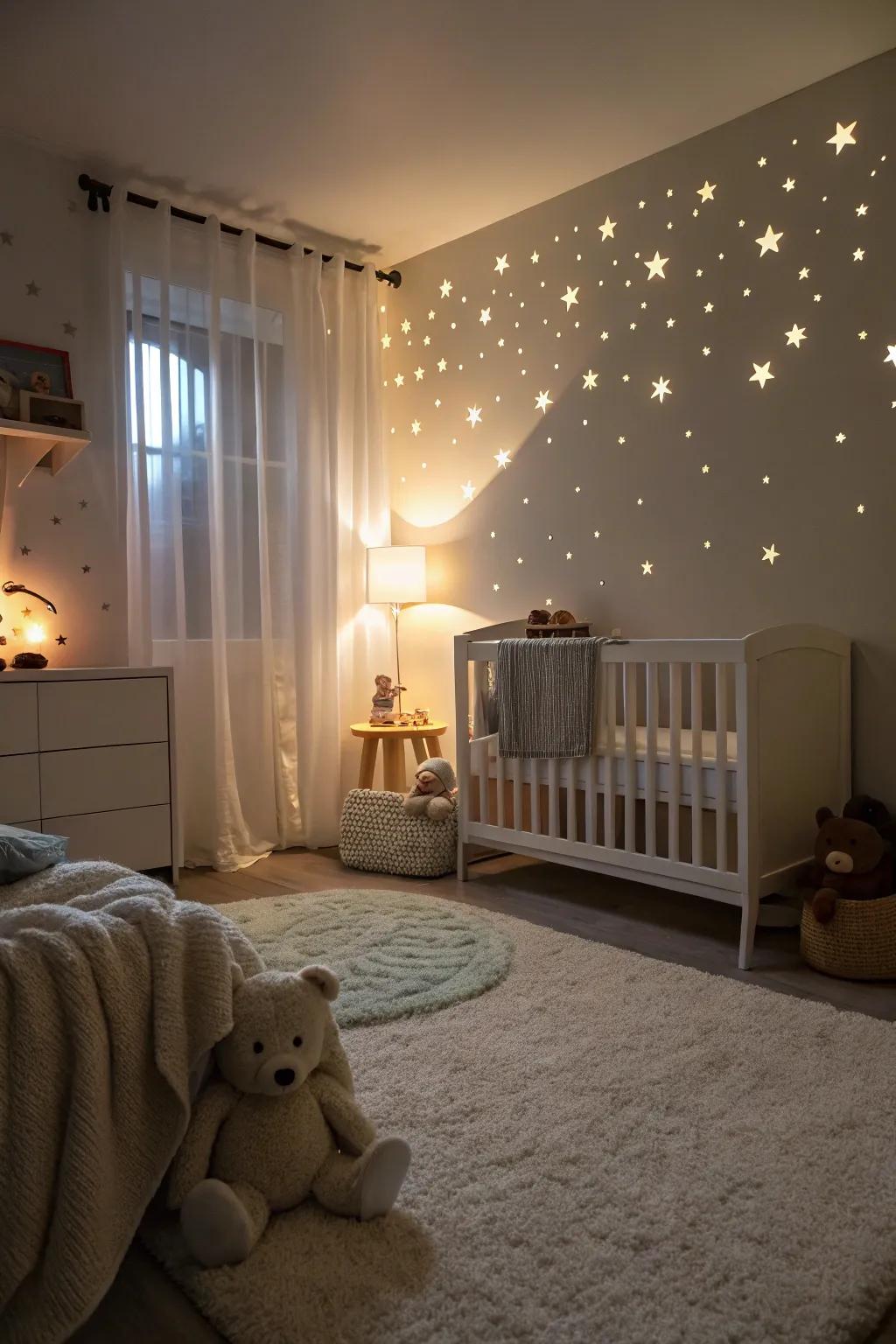 A soft nightlight adds a comforting glow to the nursery, perfect for nighttime.