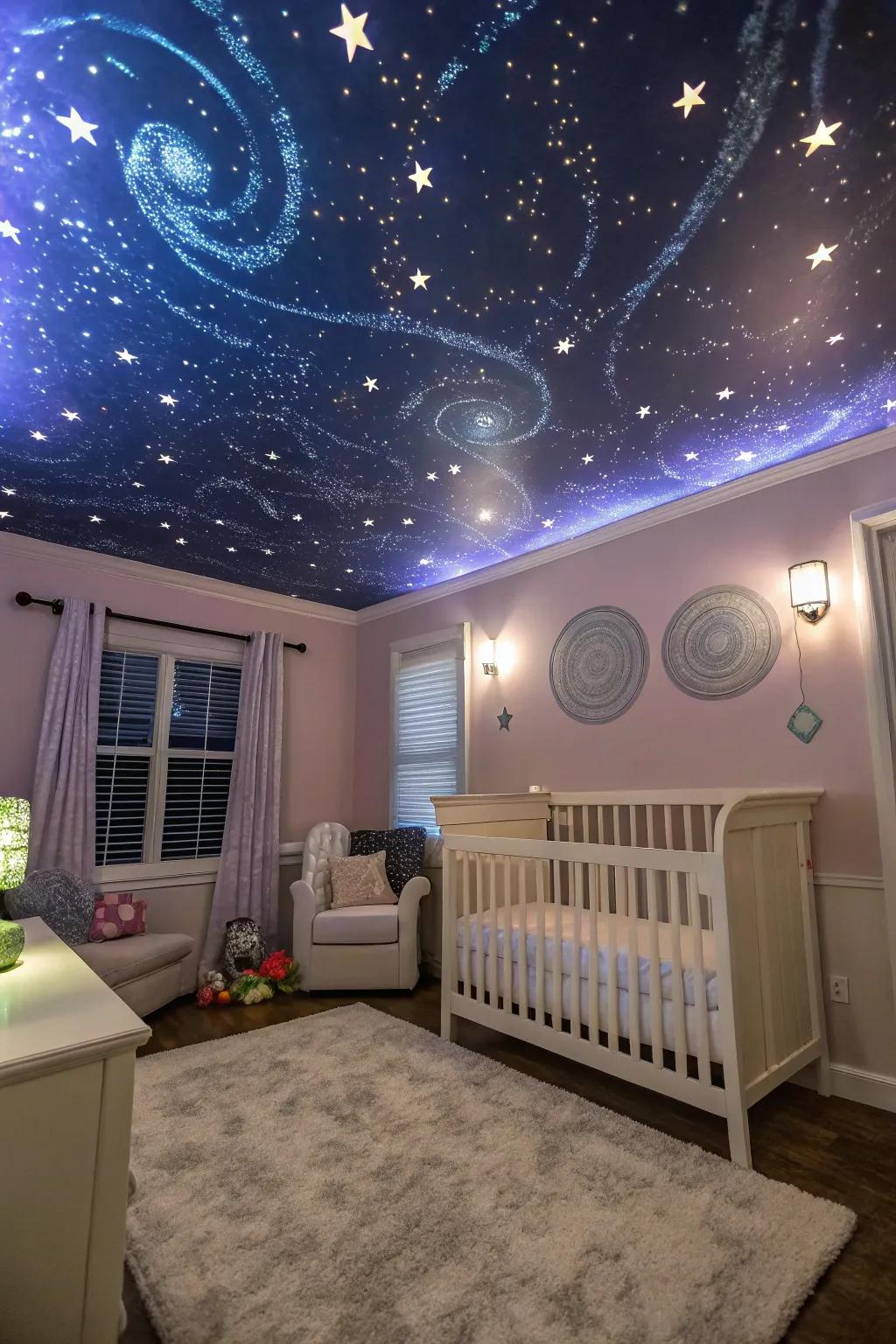 A statement ceiling adds a unique touch to the nursery.