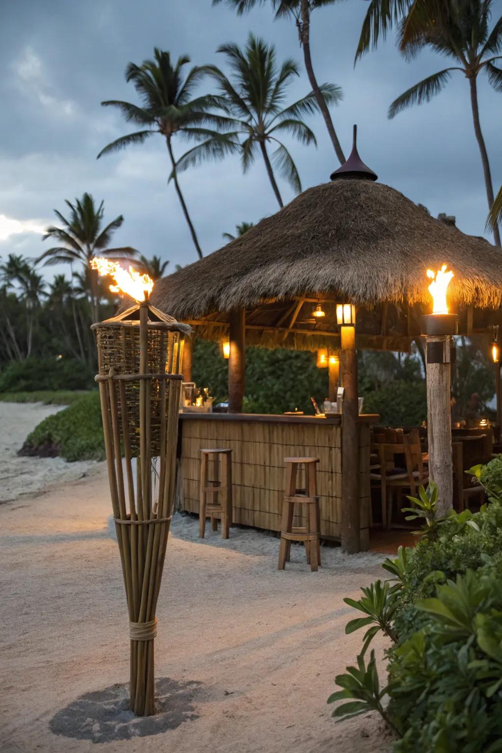 Tiki torches add ambiance and charm to your hut.