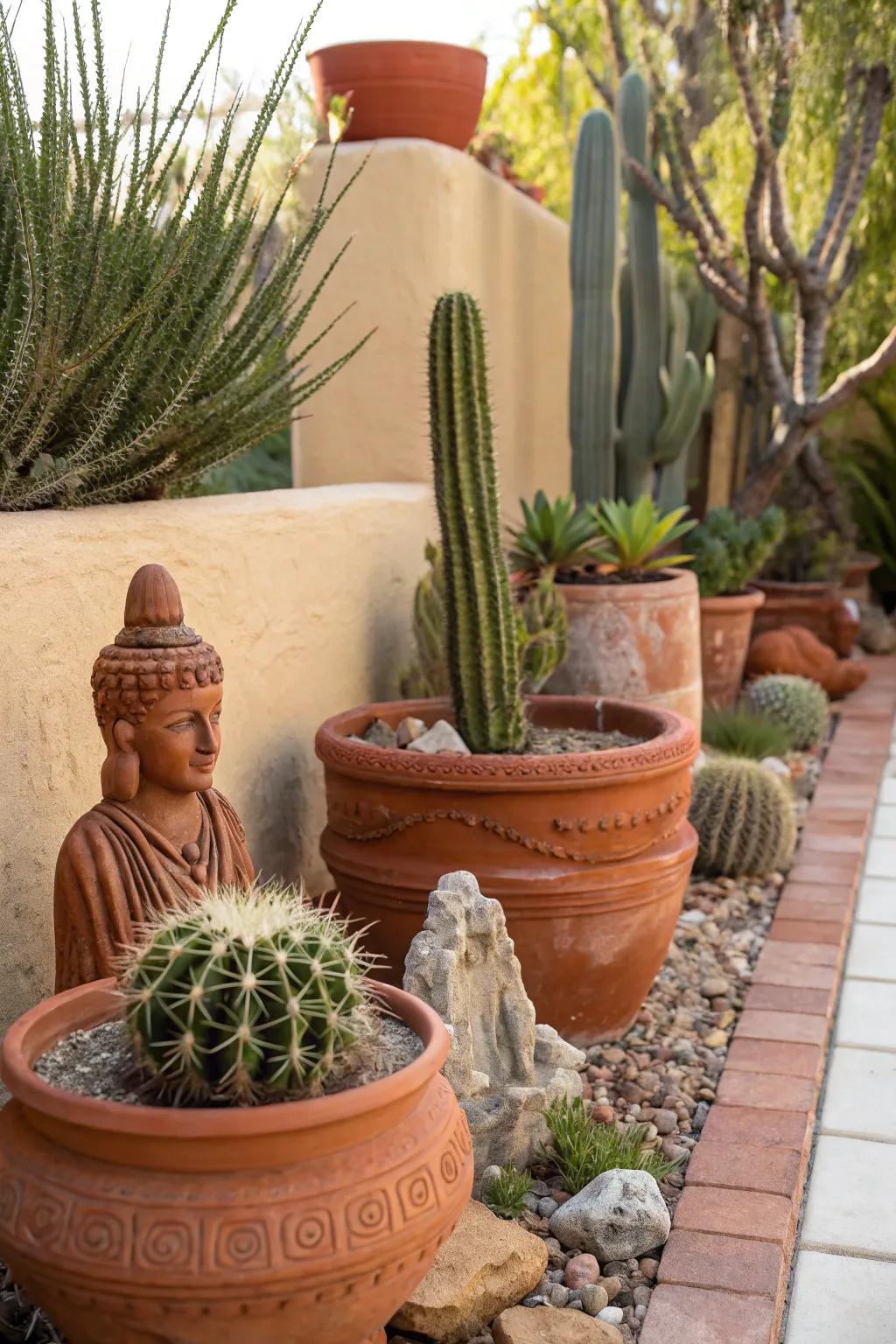 Terracotta elements add warmth and rustic charm to a desert backyard.