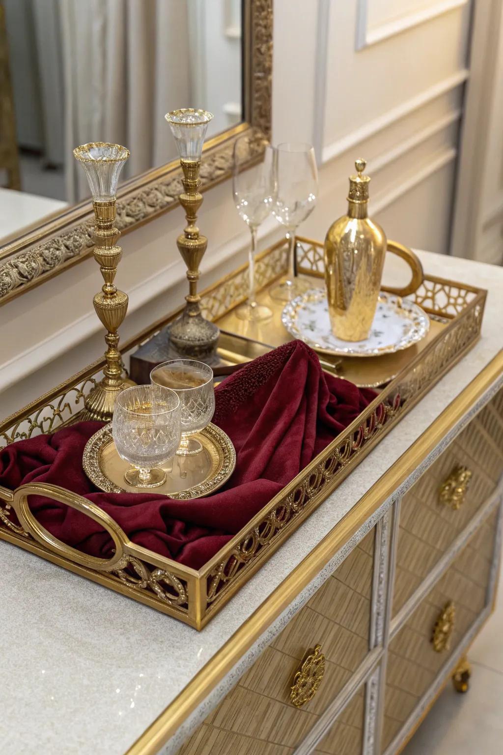 Add glamour with a luxurious gold tray setup.