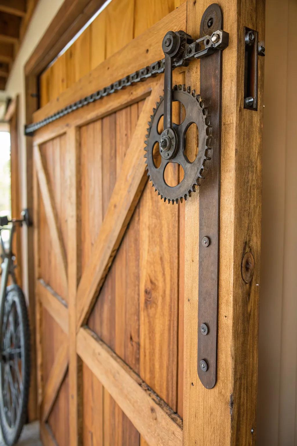 Transform your space with unexpected charm: Barn door hardware reimagined with upcycled bicycle parts.