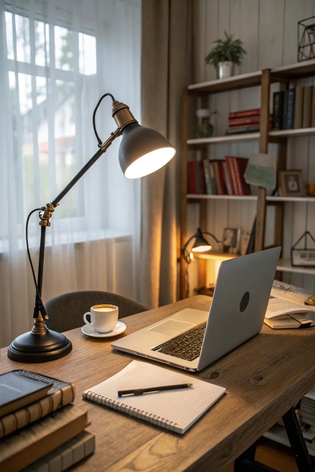 Adjustable barn lights enhance focus and style in home offices.