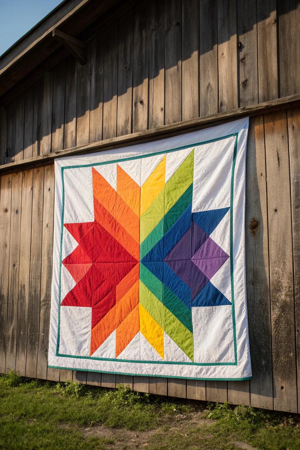Add a splash of joy with a rainbow-hued barn quilt, the perfect blend of whimsy and minimalist elegance.