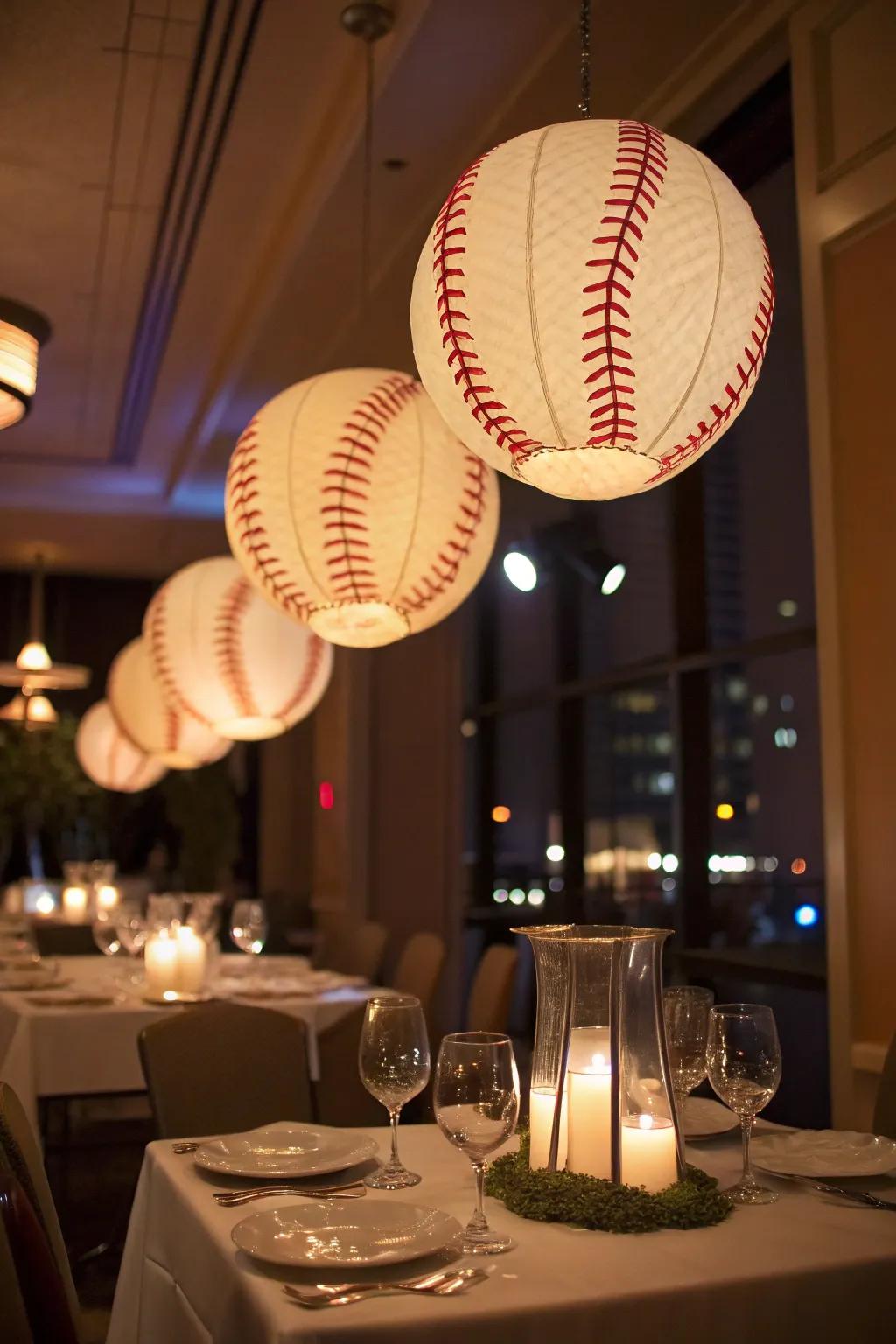 Whimsical floating lanterns add a magical glow to any baseball-themed event.