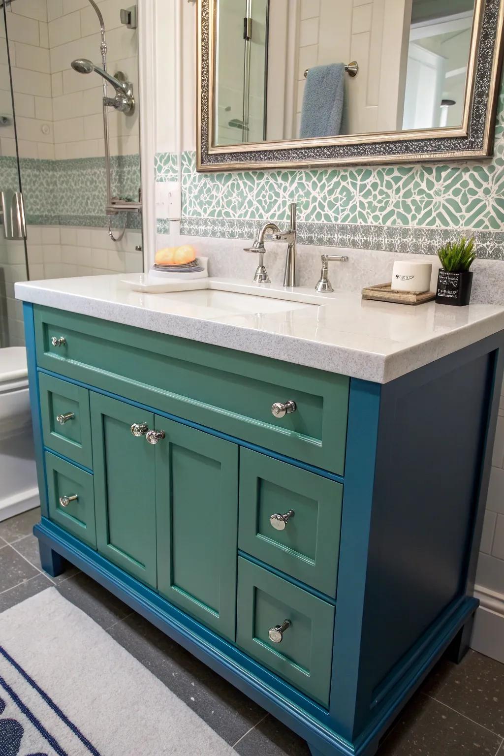 A blue and green vanity alcove adds vibrancy and life to your bathroom.