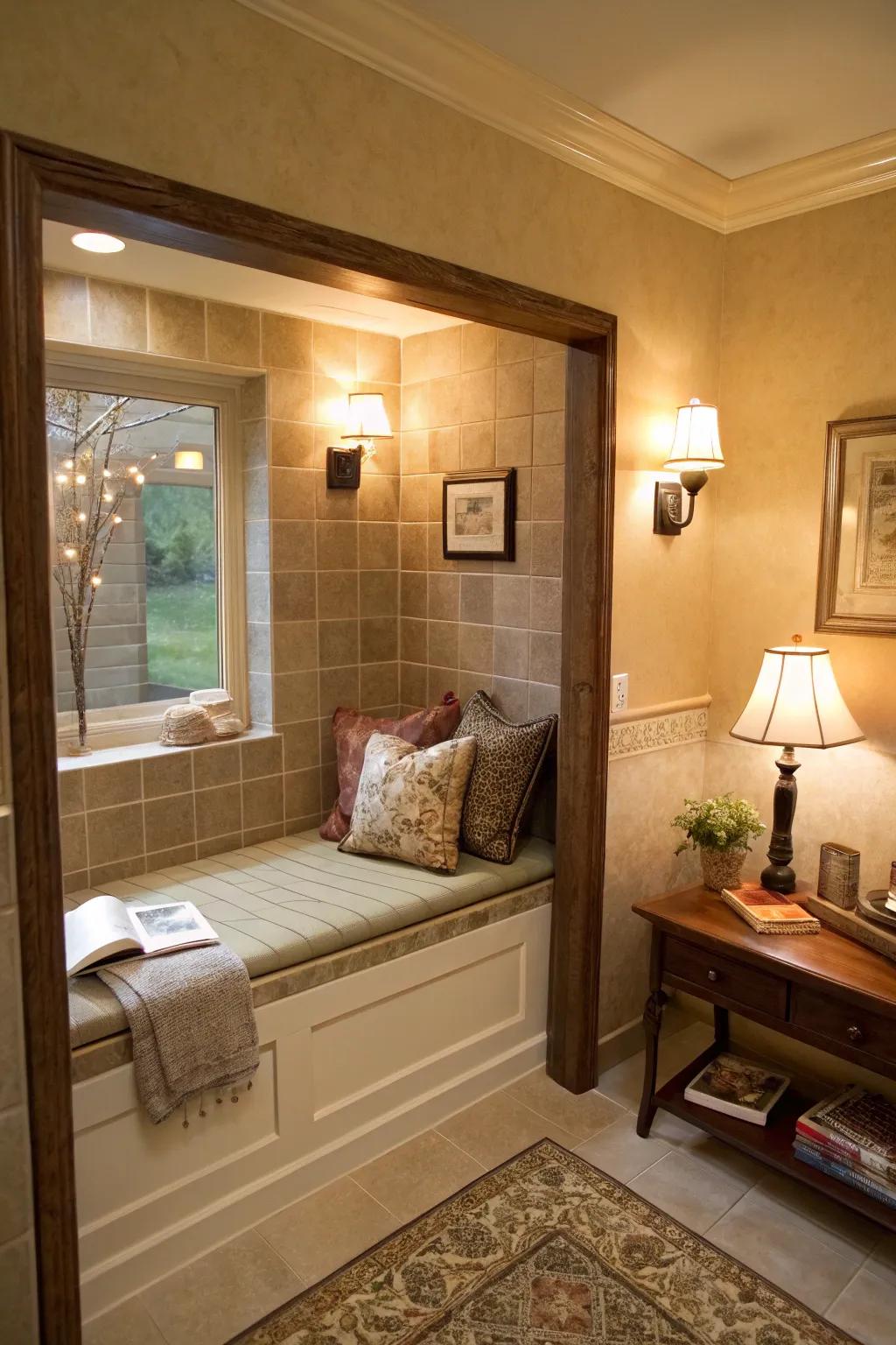 A reading nook in a bulkhead offers a cozy retreat.