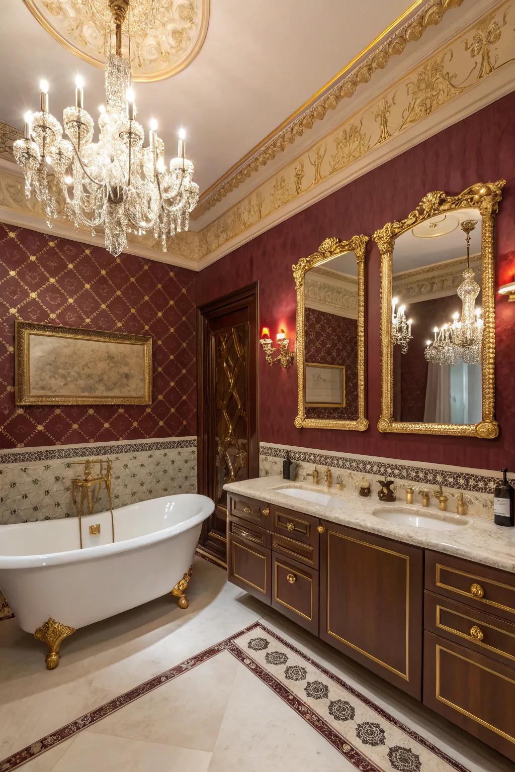 Burgundy walls bring drama and elegance to the space.