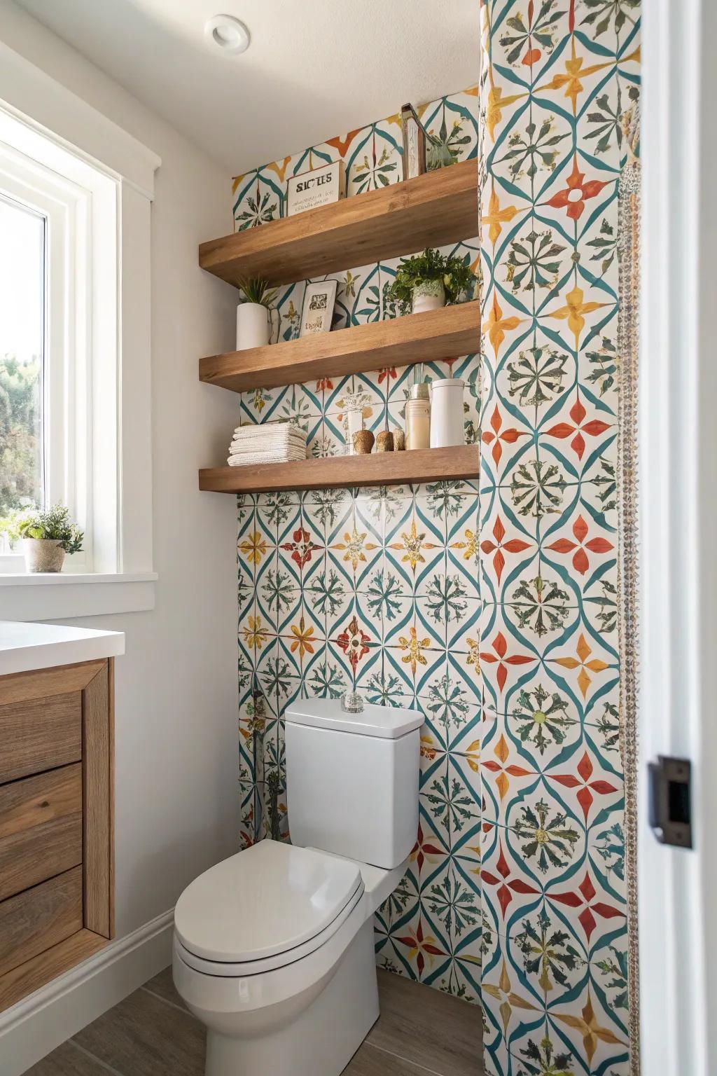 Geometric patterns add depth and interest to this bathroom alcove.