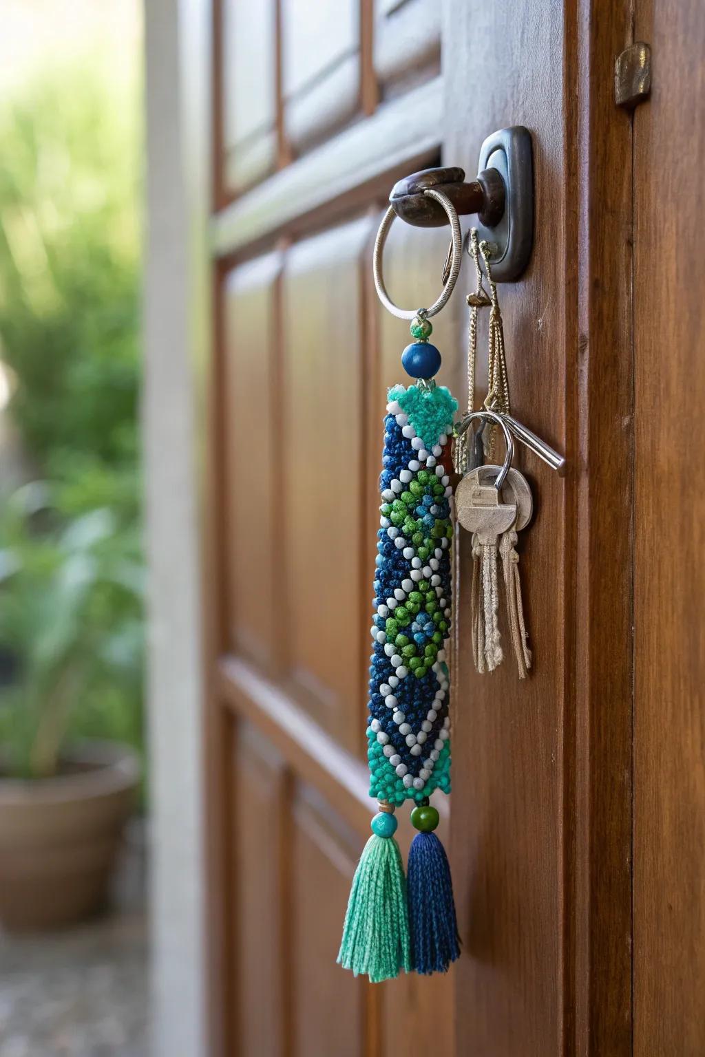 A beaded key holder keeping keys organized by the door.