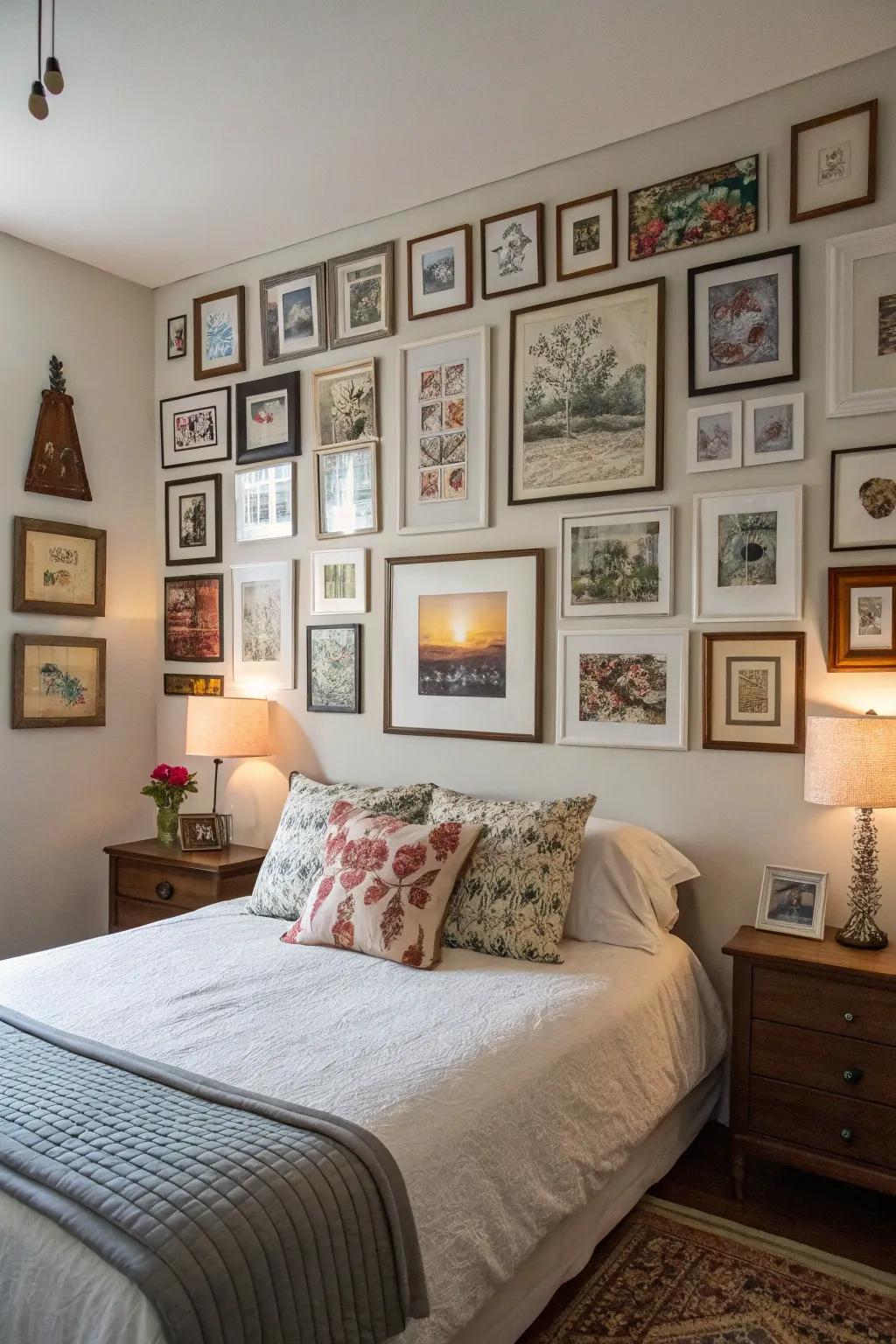 An inspiring bedroom with an art gallery wall backdrop.