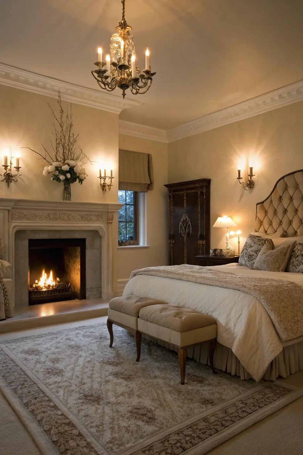 Enhance ambiance with sconces above the fireplace.