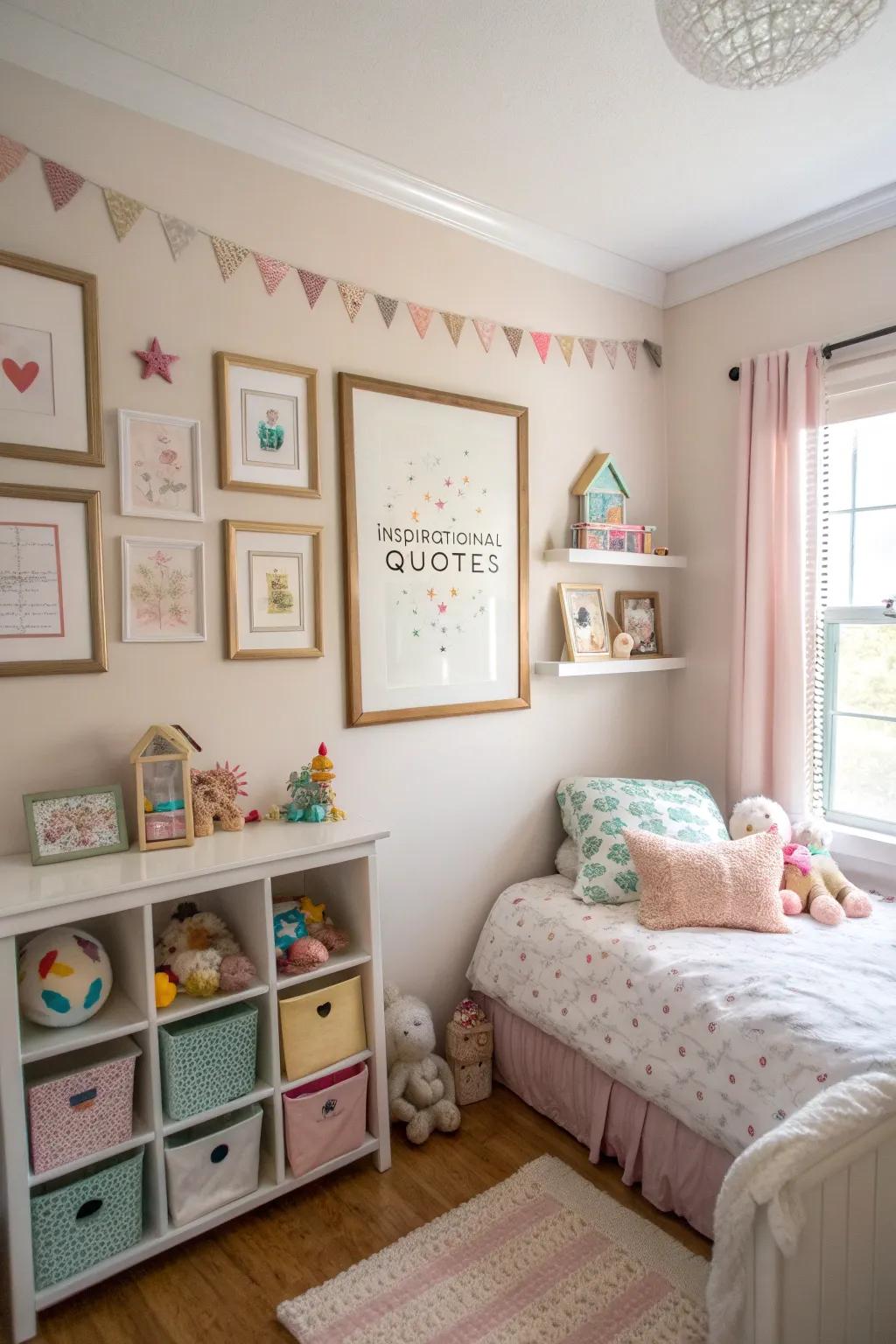 Framed inspirational quotes in a toddler's bedroom, providing motivation and positivity.