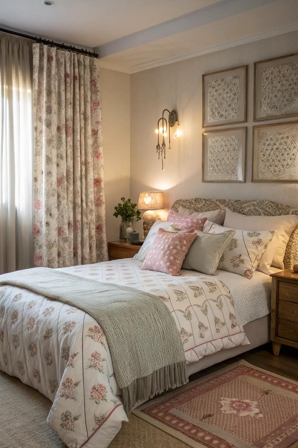 Subtle patterns add a touch of playfulness and harmony to this bedroom.