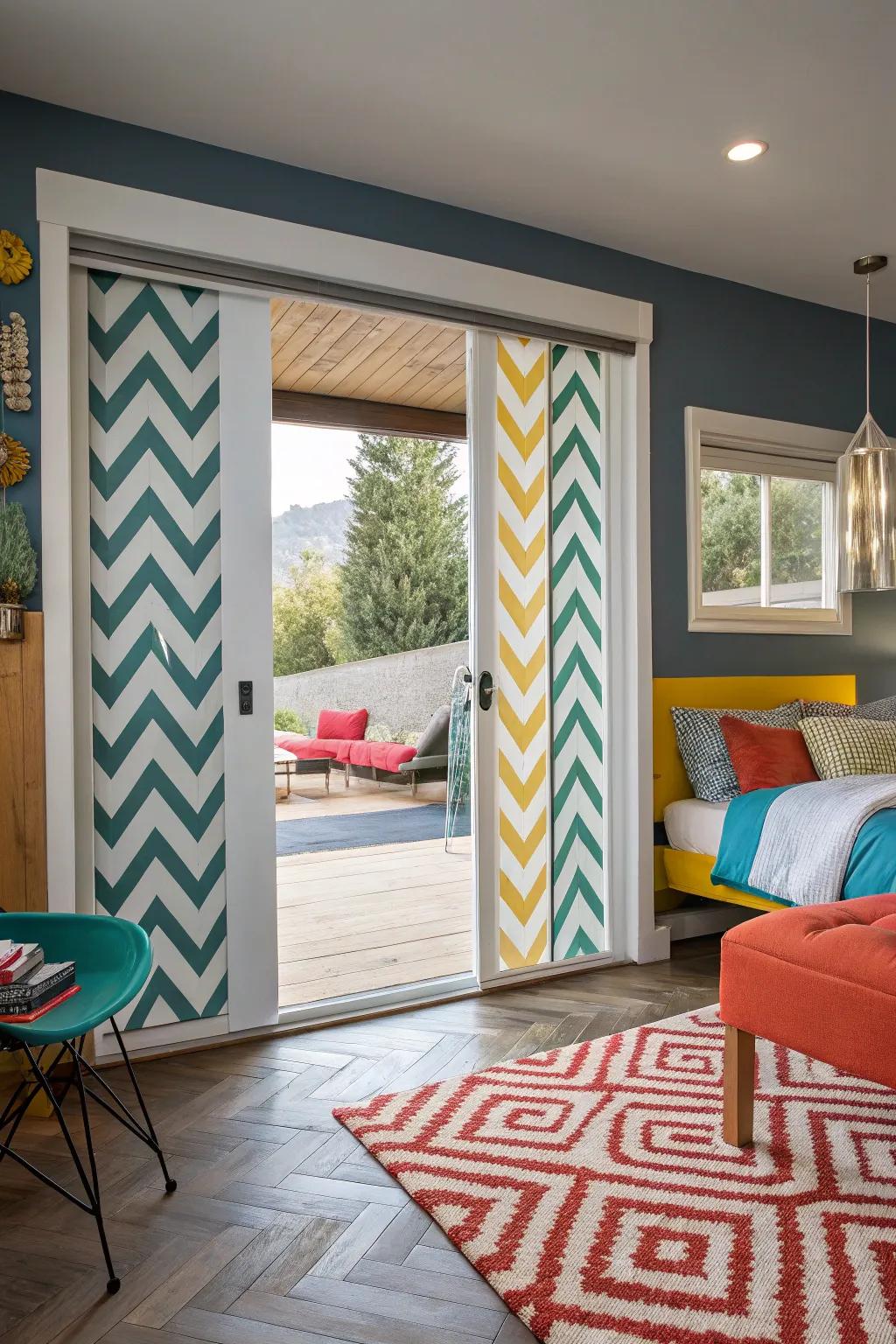 Chevron-patterned patio doors add visual interest and dynamism, perfect for a bold bedroom design.