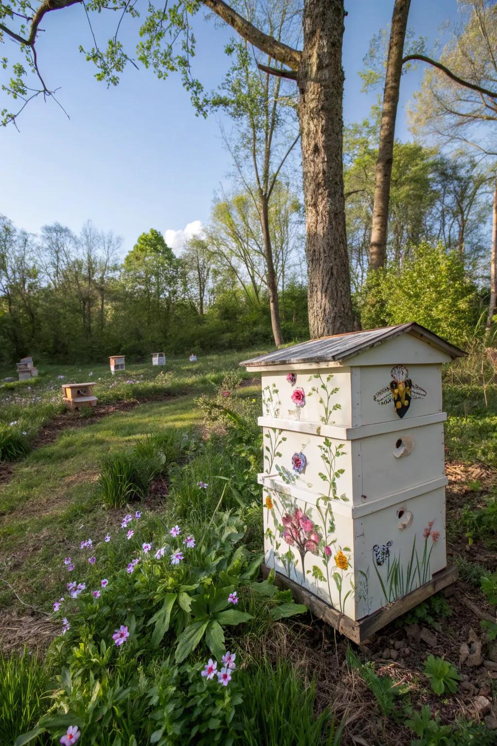 A storybook-themed bee hive depicting enchanting woodland scenes.