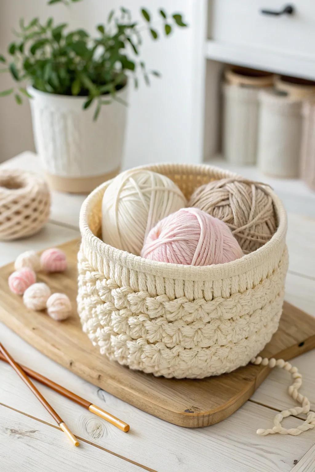 Organize your space with elegance: A handmade textured basket perfect for your knitting supplies.