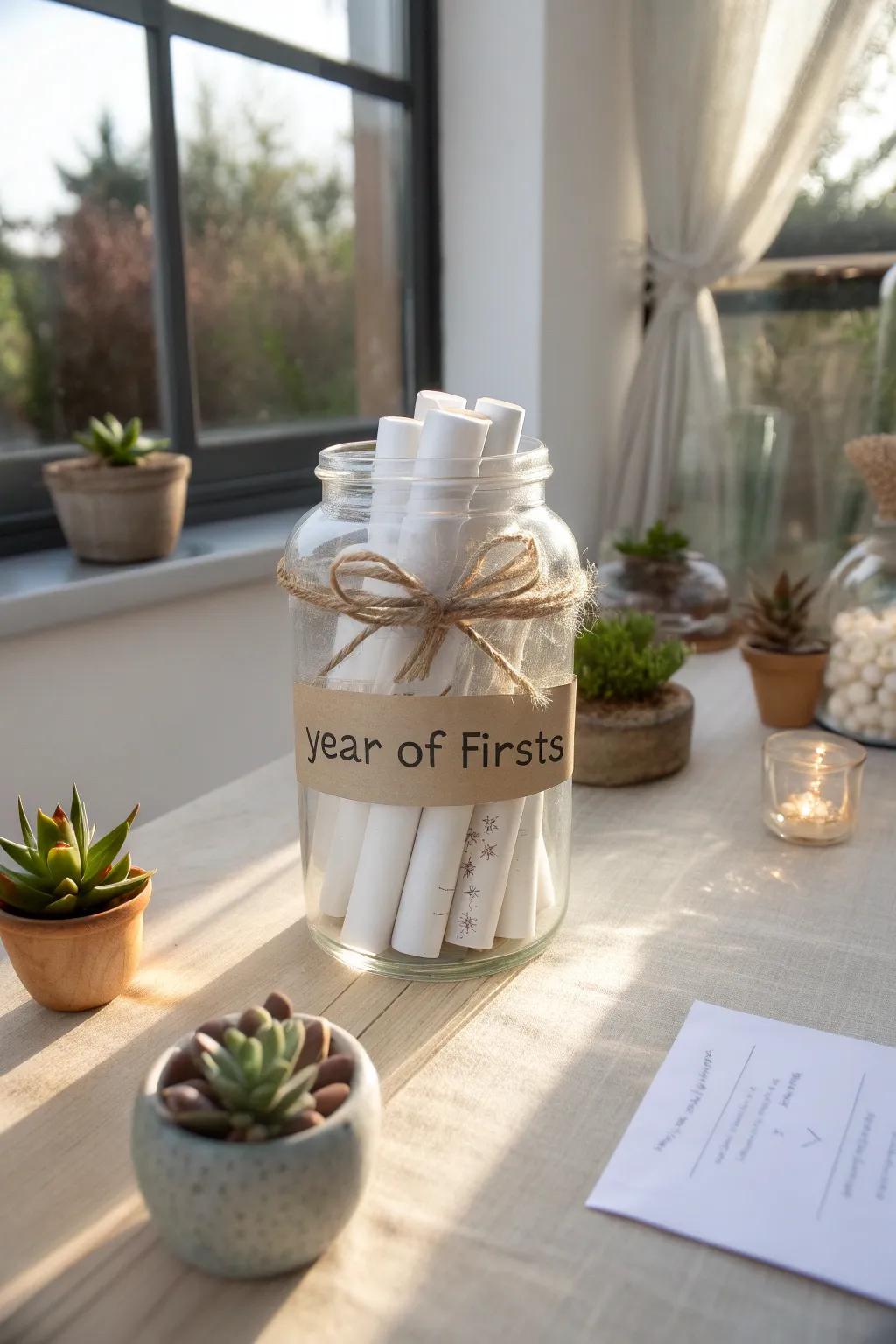 Embrace new adventures with your best friend using the 'Year of Firsts' jar. An elegant invitation to explore and create unforgettable memories together.