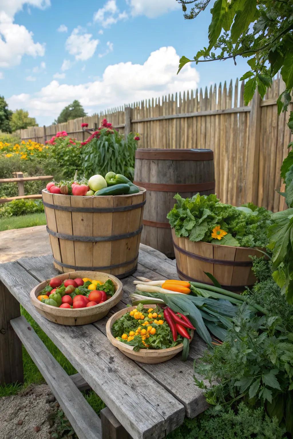 Wooden barrels add rustic charm to any garden.