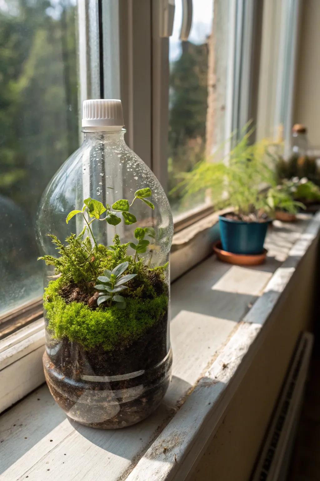 A tiny terrarium in a recycled bottle.