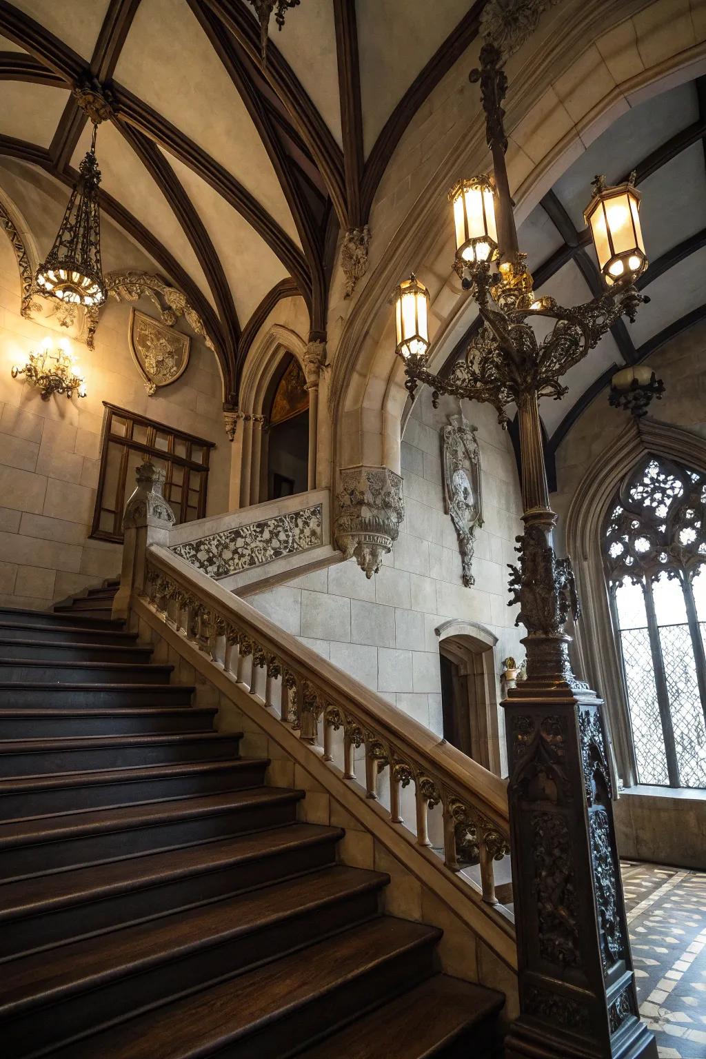 Gothic sconces add drama and elegance to historic staircases.