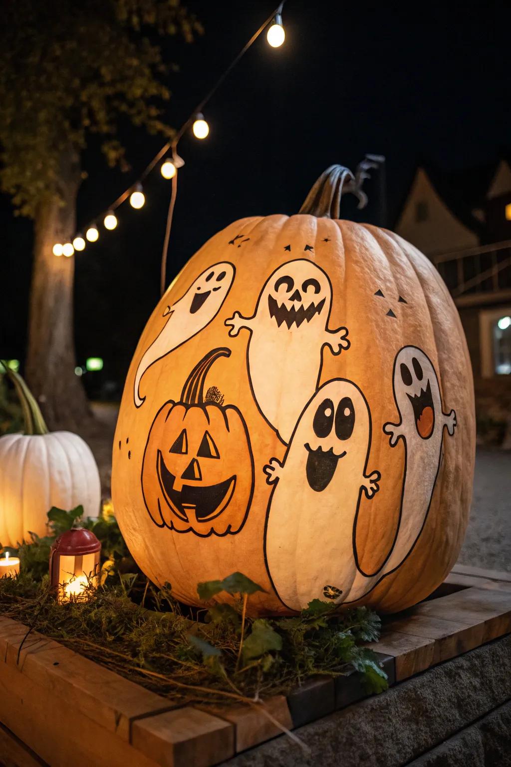 A pumpkin filled with playful ghosts, perfect for a family-friendly Halloween.